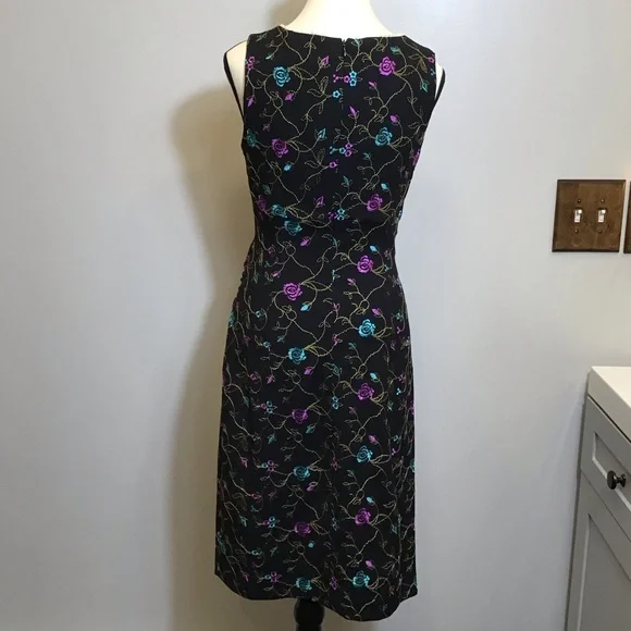 Vintage 90s Nicole Miller Floral Midi Embroidered Lace V-Neck Black Dress Size 8 - Picture 4 of 16